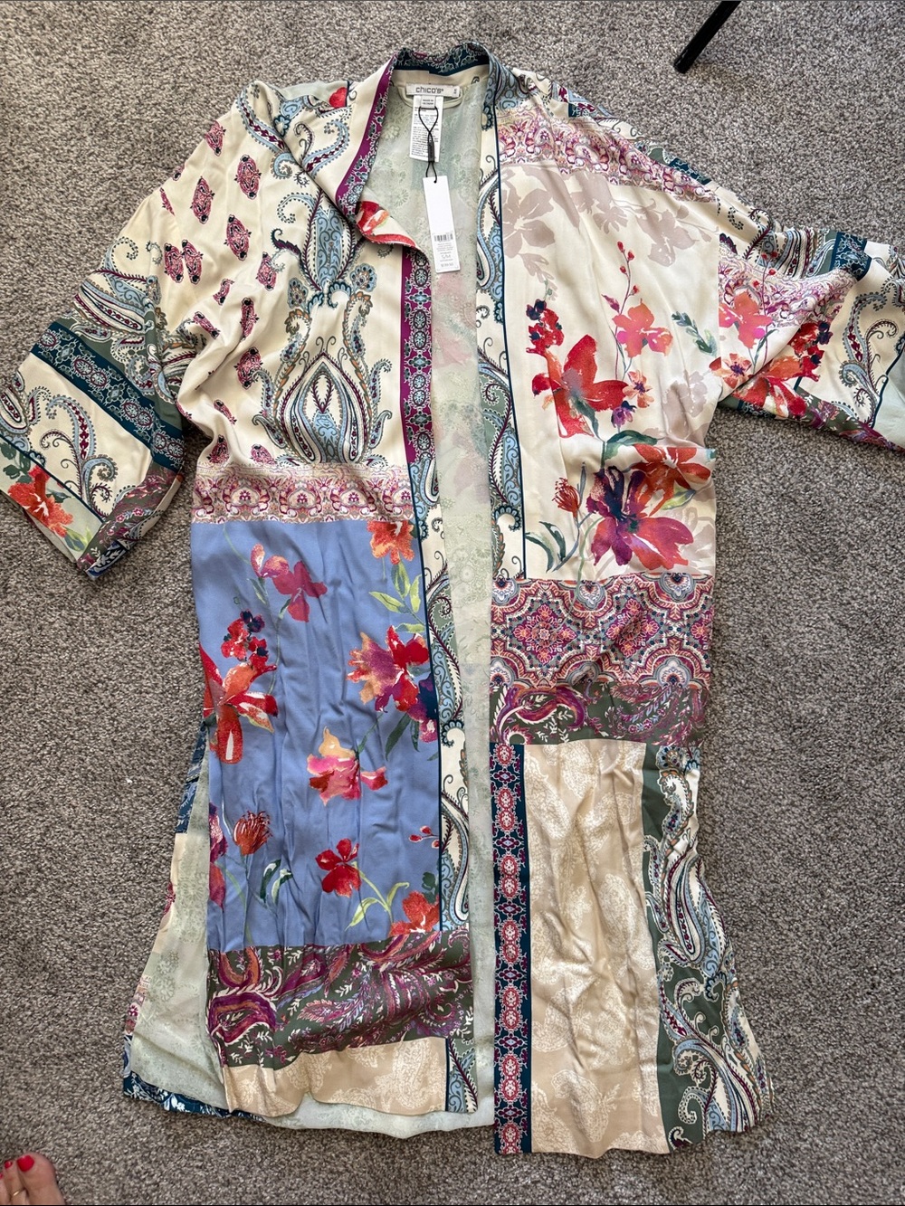 Chico's Cream Multicolor Floral Patchwork Kimono Coat